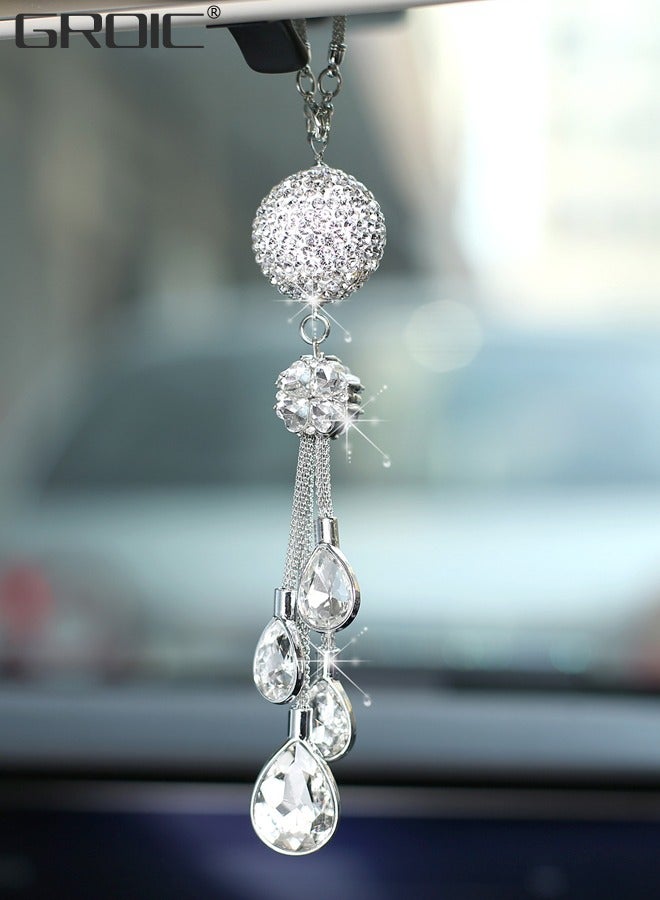 GROIC Bling Car Accessories, Rearview Mirror Ornaments, Car Rearview Mirror Hanging Accessories Car Decorations, Lucky Crystal Sun Catcher Ornament, Rear View Mirror Ball Charm - White - Image 2