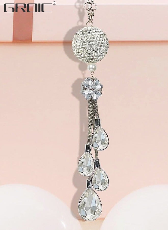 GROIC Bling Car Accessories, Rearview Mirror Ornaments, Car Rearview Mirror Hanging Accessories Car Decorations, Lucky Crystal Sun Catcher Ornament, Rear View Mirror Ball Charm - White - Image 3