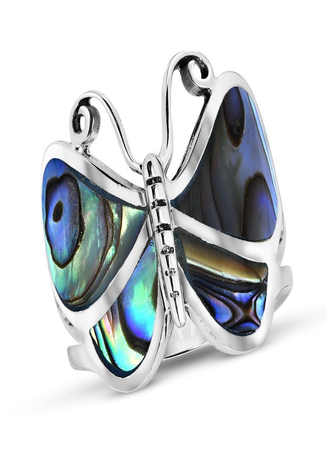 AeraVida Captivating Butterfly Motif Rainbow Abalone Statement .925 Sterling Silver Ring | Cute Wedding Rings For Women | Casual Comfort Fit Silver Rings for Women | Gift for Daughter | Ring Size (8) - Image 1