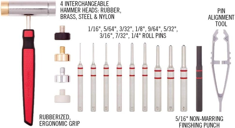 Real Avid Roll Pin Punch Set & Hammer + Non-Slip Magnetic Bench Block | 10 Nickel-Plated Steel Roll Pin Punches, 4 Interchangeable Hammer Heads - Brass, Steel, Ruber, Nylon & Non-Marring Bench Block - Image 3