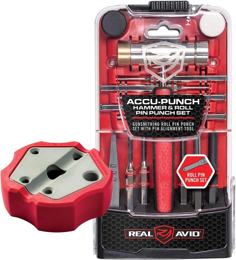 Real Avid Roll Pin Punch Set & Hammer + Non-Slip Magnetic Bench Block | 10 Nickel-Plated Steel Roll Pin Punches, 4 Interchangeable Hammer Heads - Brass, Steel, Ruber, Nylon & Non-Marring Bench Block - Image 1