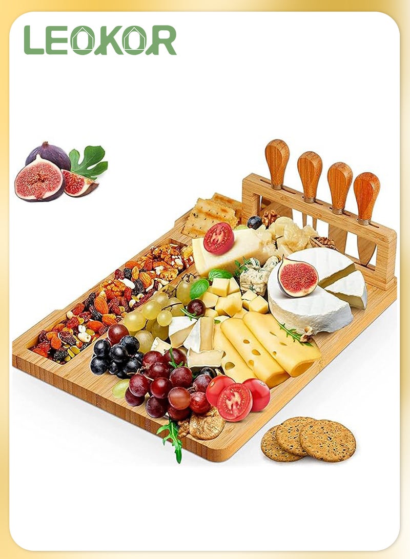 ليوكور طقم لوح جبن من الخيزران، صينية جبن، لوح شرائح لحم، طبق تقديم لحوم مع 4 سكاكين جبن من الفولاذ المقاوم للصدأ - Image 1