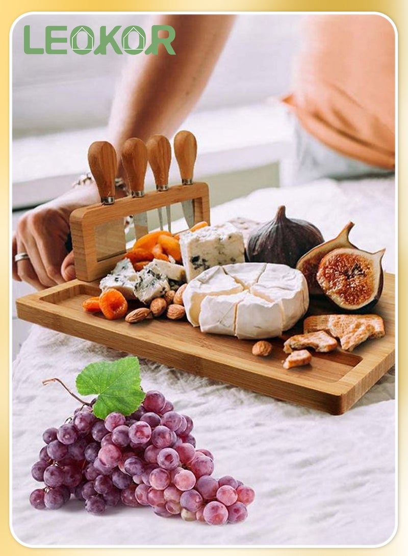 ليوكور طقم لوح جبن من الخيزران، صينية جبن، لوح شرائح لحم، طبق تقديم لحوم مع 4 سكاكين جبن من الفولاذ المقاوم للصدأ - Image 3
