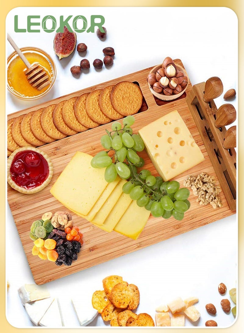 ليوكور طقم لوح جبن من الخيزران، صينية جبن، لوح شرائح لحم، طبق تقديم لحوم مع 4 سكاكين جبن من الفولاذ المقاوم للصدأ - Image 5