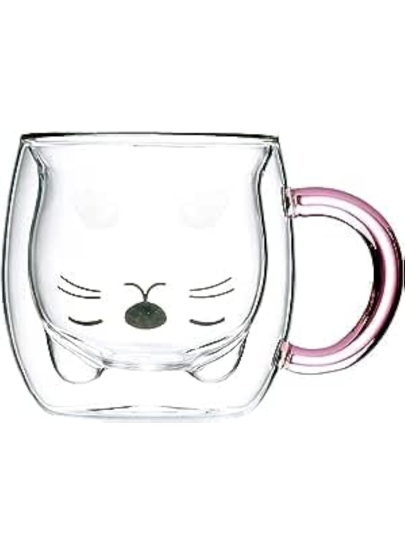 Cazadora Cute Mugs Double Wall Insulated Glass Cup — Adorable Cat Design Pink Transparent Glass | Double-Wall Insulation for Hot & Cold Drinks | 8oz (≈240ml) Capacity • 360° Charming Cat Motif • Cool-to-touch Exterior • Perfect Gift for Cat Lovers, Coffee, Tea, Espresso, Latte & Cappuccino • Durable Tempered Glass • Lightweight & Stylish • Ideal Office, Home, Dorm & Gift Box Present • Easy-Grip Round Shape 8×8×9 cm • Dishwasher-safe (top rack recommended) • Elegant Pink Accent — Practical, Giftable & Instagram-worthy mug for everyday use and special moments in KSA - Image 1