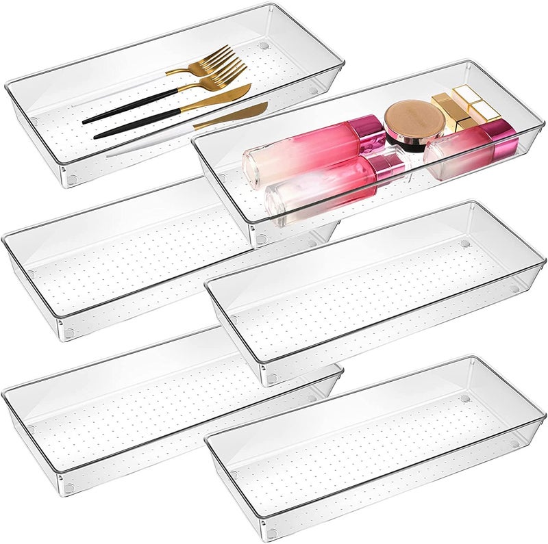 Snazzy 3 Pack Clear Plastic Drawer Organizer Tray Cutlery Utensil Makeups Drawer Organizers 15" X 6" - Image 1