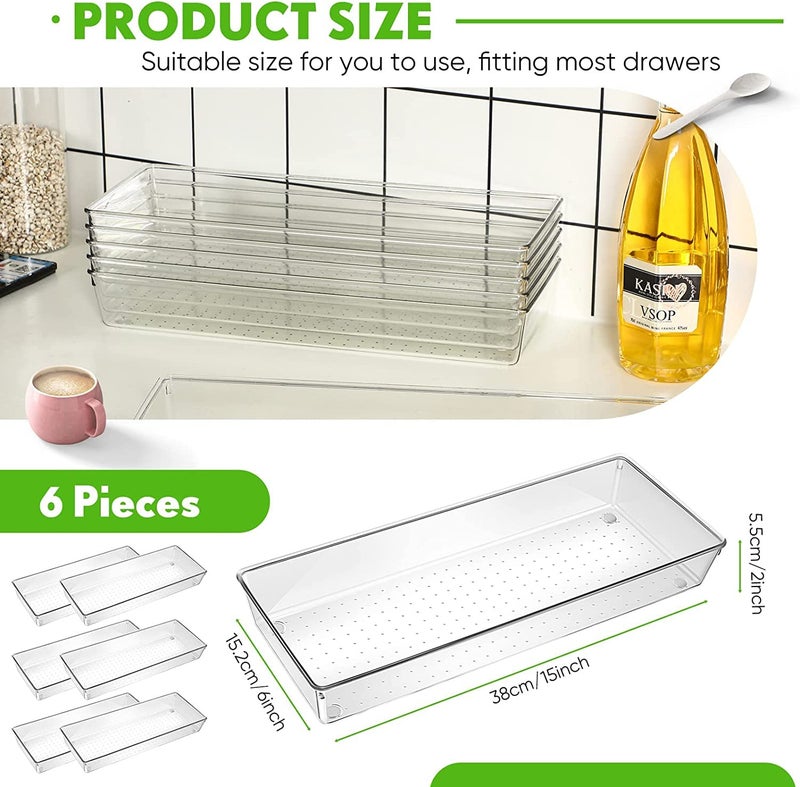 Snazzy 3 Pack Clear Plastic Drawer Organizer Tray Cutlery Utensil Makeups Drawer Organizers 15" X 6" - Image 2