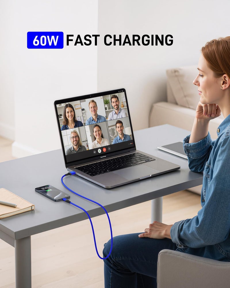 ohbox USB A to USB C Cables 60W Fast Charging [2 Pack 6FT], USB to USB C Cable for CarPlay, USB Type C iPhone Charger Durable Braided USBC Cord for iPhone 17/16/15/Pro Max, Samsung Galaxy S23 and More-Blue - Image 5