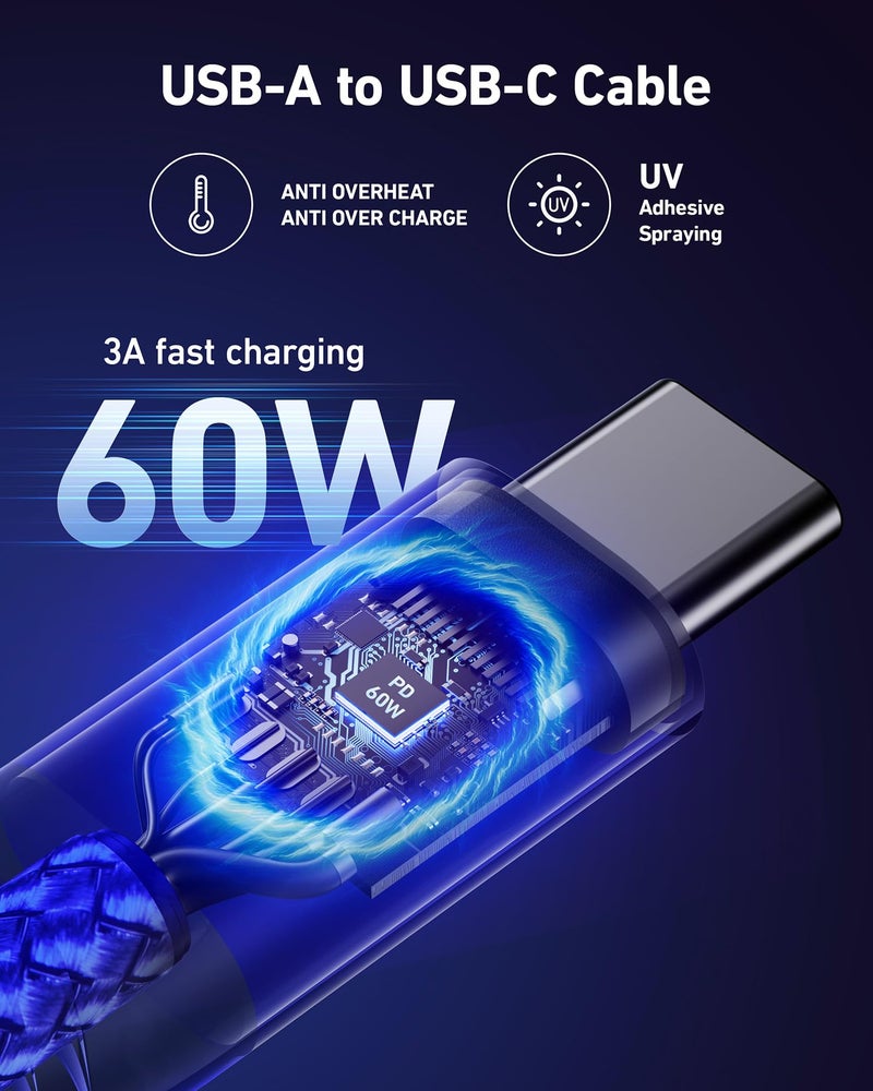 ohbox USB A to USB C Cables 60W Fast Charging [2 Pack 6FT], USB to USB C Cable for CarPlay, USB Type C iPhone Charger Durable Braided USBC Cord for iPhone 17/16/15/Pro Max, Samsung Galaxy S23 and More-Blue - Image 2