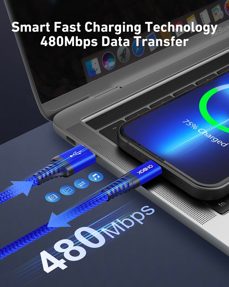 ohbox USB A to USB C Cables 60W Fast Charging [2 Pack 6FT], USB to USB C Cable for CarPlay, USB Type C iPhone Charger Durable Braided USBC Cord for iPhone 17/16/15/Pro Max, Samsung Galaxy S23 and More-Blue - Image 3