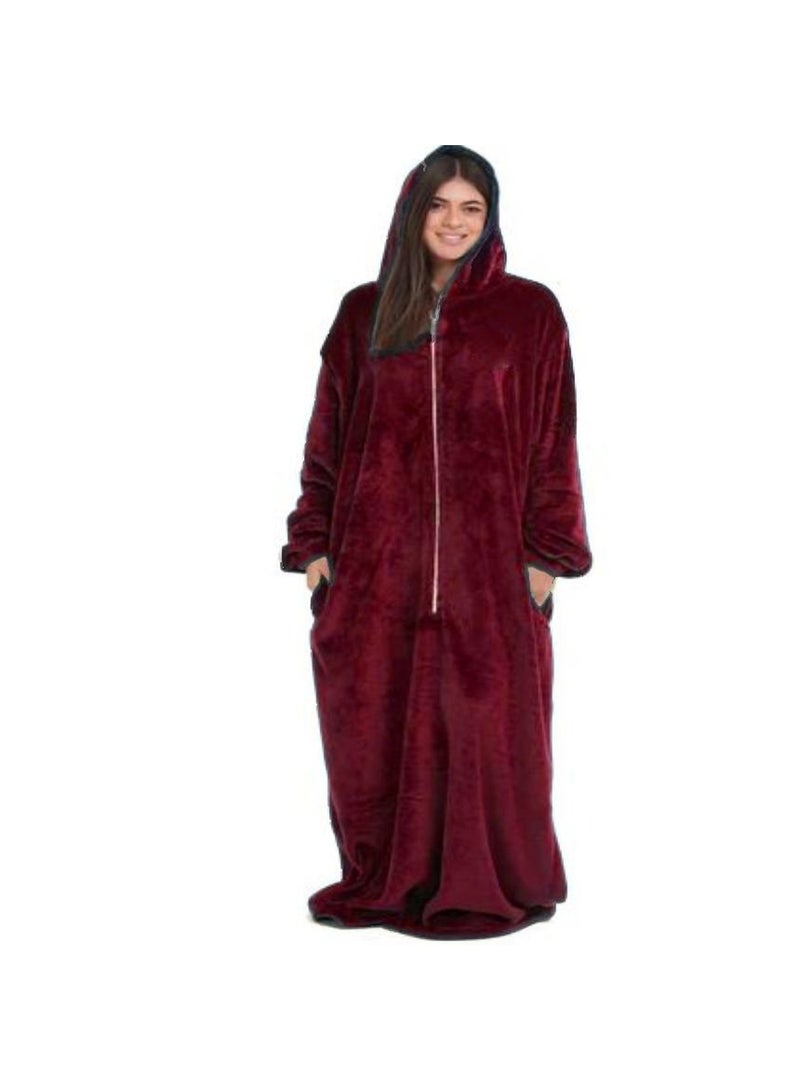 Unisex Long Hooded Fur Robe with Front Zipper and Pockets - Burgundy - Image 1