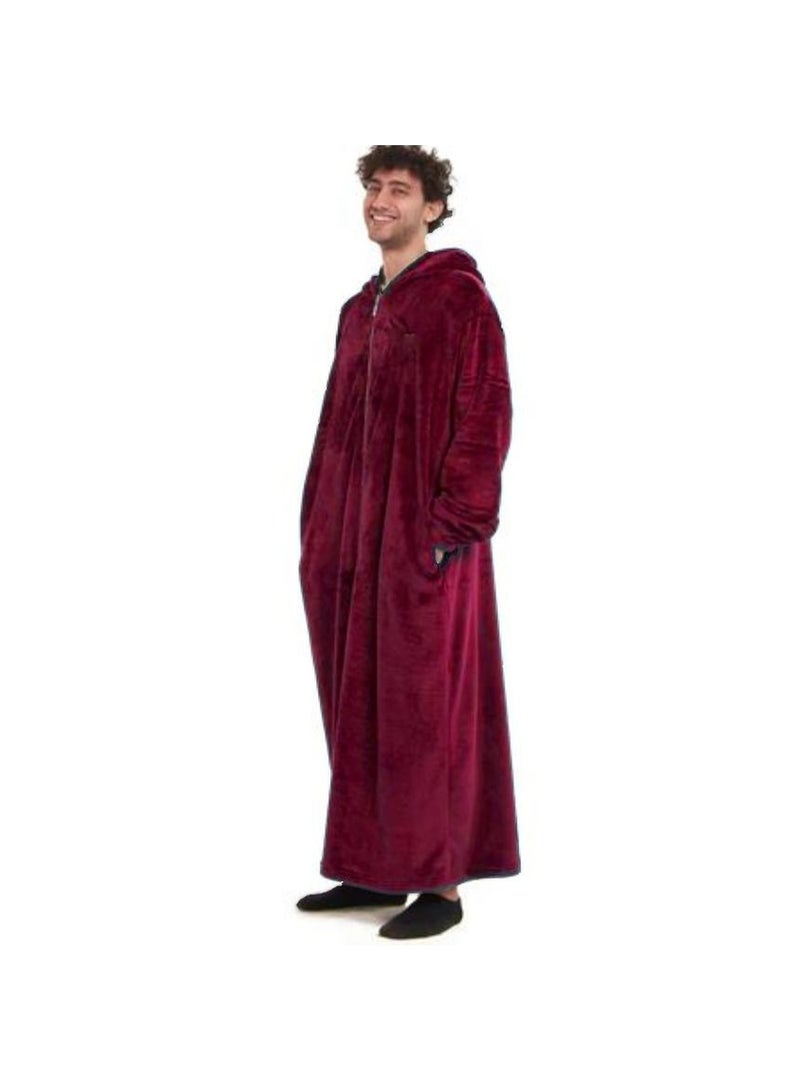 Unisex Long Hooded Fur Robe with Front Zipper and Pockets - Burgundy - Image 2
