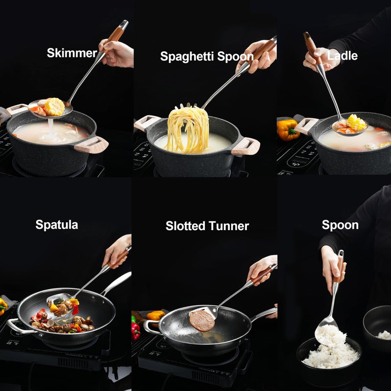 NIITAWH Stainless Steel Kitchen Utensils 12.5"-14" Wooden Handle Metal Cooking Utensils Set 9 PCS, Solid and Slotted Spoon, Fork, Spatula, Ladle, Skimmer, Slotted Tunner, Spaghetti Large Spoon - Image 2