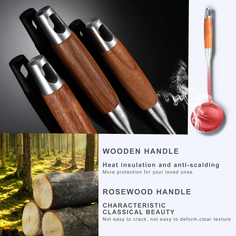 NIITAWH Stainless Steel Kitchen Utensils 12.5"-14" Wooden Handle Metal Cooking Utensils Set 9 PCS, Solid and Slotted Spoon, Fork, Spatula, Ladle, Skimmer, Slotted Tunner, Spaghetti Large Spoon - Image 5