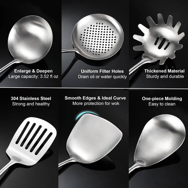 NIITAWH Stainless Steel Kitchen Utensils 12.5"-14" Wooden Handle Metal Cooking Utensils Set 9 PCS, Solid and Slotted Spoon, Fork, Spatula, Ladle, Skimmer, Slotted Tunner, Spaghetti Large Spoon - Image 3