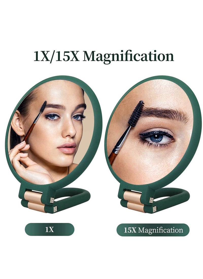 Magnifying Hand Held Mirror, Double Side Folding Hand Mirror for Women with Adjustable Handle, Travel Table Desk Shaving Bathroom Cosmetic Mirrors Handheld Portable for Travel 1X 15X (Green)