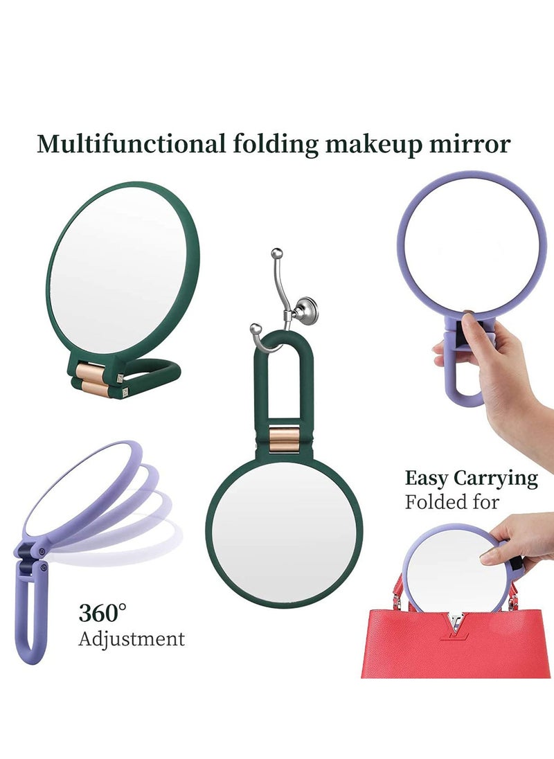 Magnifying Hand Held Mirror, Double Side Folding Hand Mirror for Women with Adjustable Handle, Travel Table Desk Shaving Bathroom Cosmetic Mirrors Handheld Portable for Travel 1X 15X (Green)