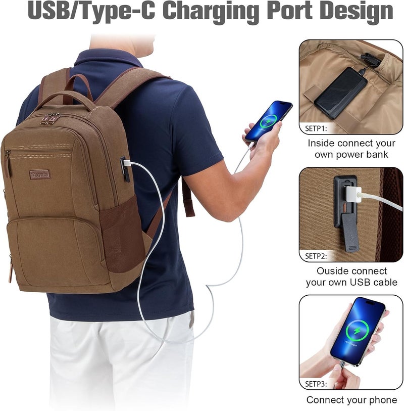 Tzowla Canvas Laptop College Backpack for Men and Women,Travel Work Rucksack with USB/Type-C Port Fit 15.6 inch Notebook - Image 3
