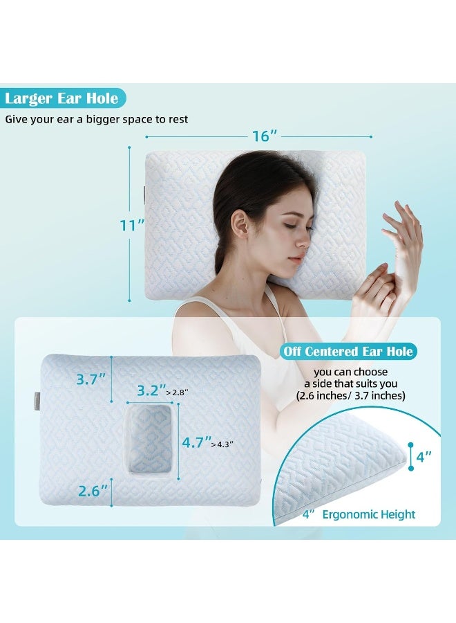 USlixury Ear Piercing Pillow with Foam Plug Ear Pillow with Off Center and 47X32 Hole Soft CertiPURUS Memory Foam Cooling Piercing Pilow for Side Sleepers Traveling 16X11X4 - Image 3
