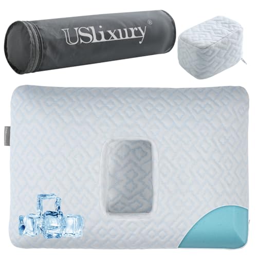 USlixury Ear Piercing Pillow with Foam Plug Ear Pillow with Off Center and 47X32 Hole Soft CertiPURUS Memory Foam Cooling Piercing Pilow for Side Sleepers Traveling 16X11X4 - Image 1