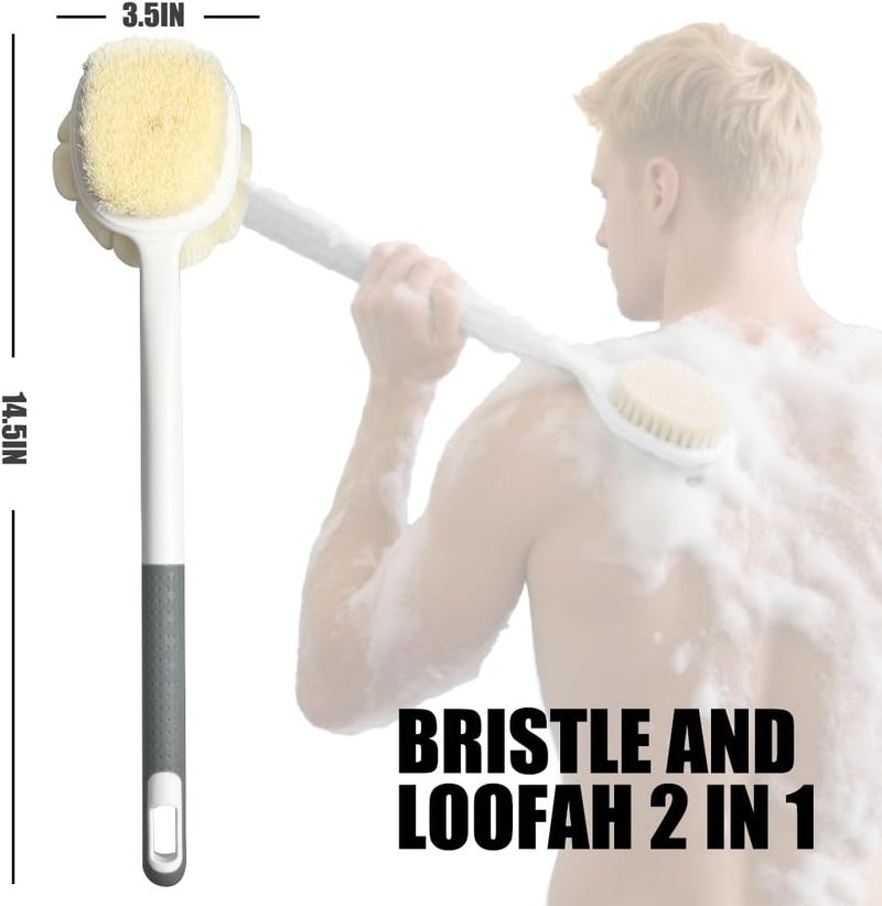 OHOO Shower Body Brush Soft Bristles and Loofah Long Handle Back Scrubber Bath Mesh Sponge Skin Exfoliating Men and Women Grey - Image 2