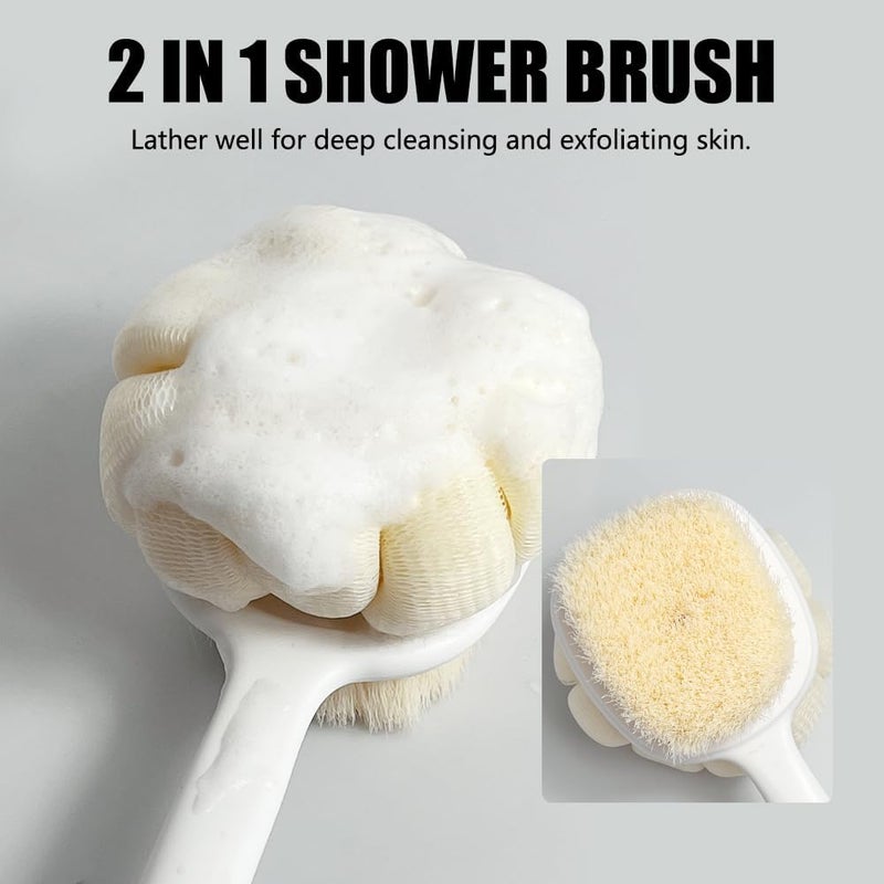OHOO Shower Body Brush Soft Bristles and Loofah Long Handle Back Scrubber Bath Mesh Sponge Skin Exfoliating Men and Women Grey - Image 3
