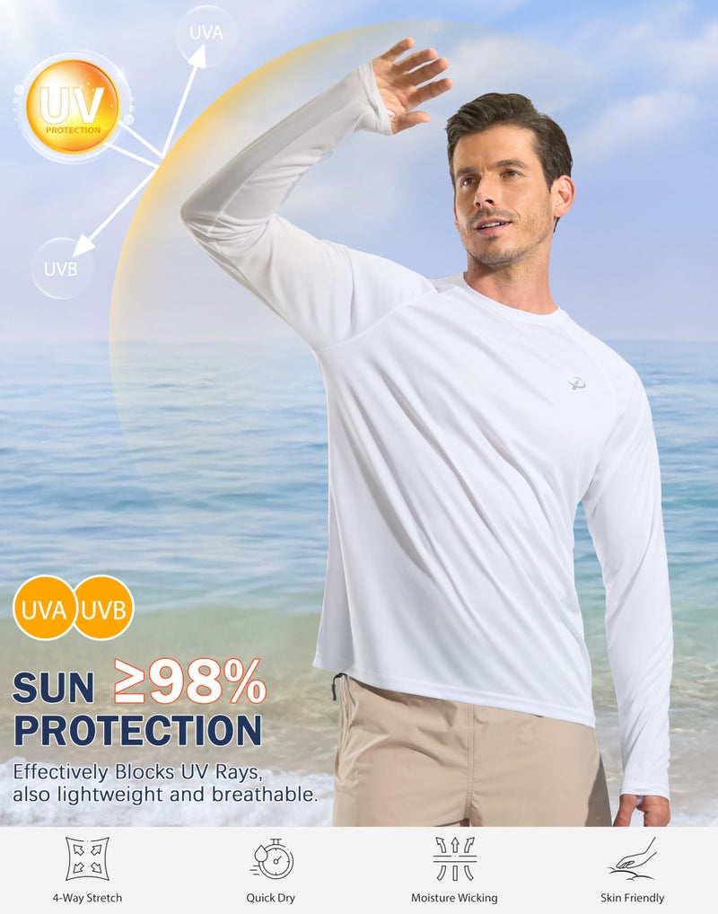 Pudolla Mens Sun Protection Shirts UV SPF T-Shirts UPF 50+ Long Sleeve Rash Guard Fishing Beach Quick Dry(White L) - Image 3