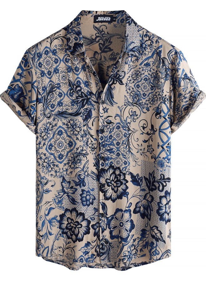 JOTOOK Mens Hawaiian Shirt Short Sleeve Button Down Tropical Shirts Casual Floral Summer Beach Shirt, Beige Blue, 3XL - Image 1
