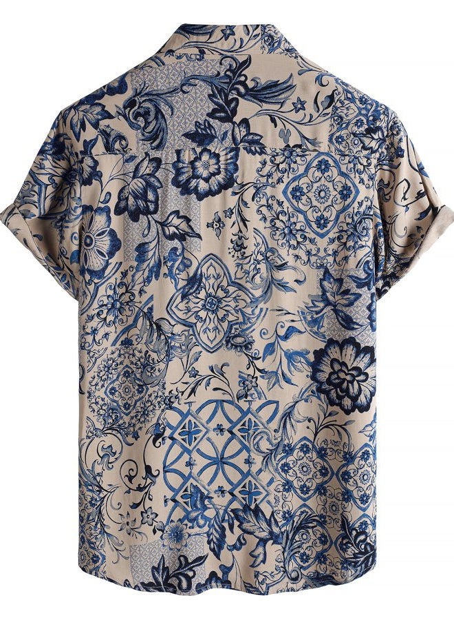 JOTOOK Mens Hawaiian Shirt Short Sleeve Button Down Tropical Shirts Casual Floral Summer Beach Shirt, Beige Blue, 3XL - Image 3