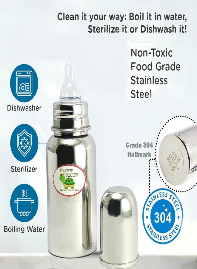 Chef Turtles® Stainless Steel Feeding Baby Bottle, BPA Free Anti Colic Slim Neck Steel Milk Feeding Bottle 304 Grade- (Small 240ml) - Image 3