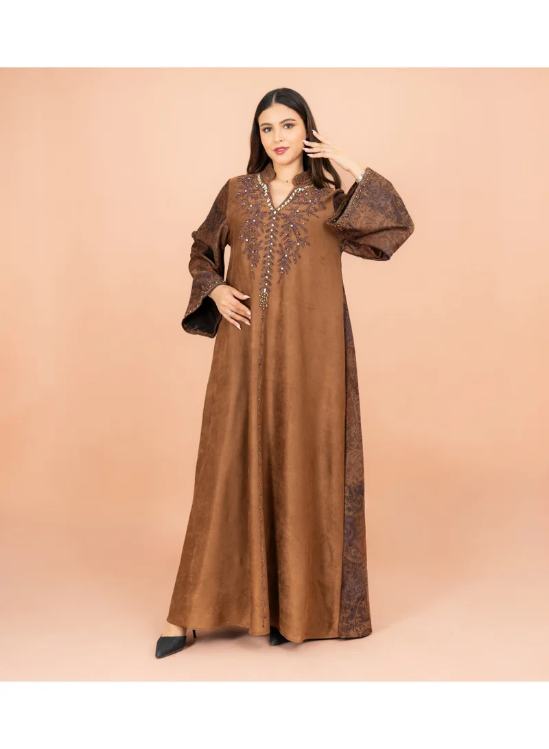 IKKXA Luxury Beaded Winter Solid Jalabiya IK1065 Brown