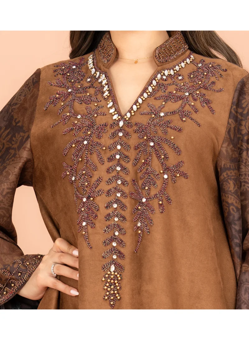 IKKXA Luxury Beaded Winter Solid Jalabiya IK1065 Brown