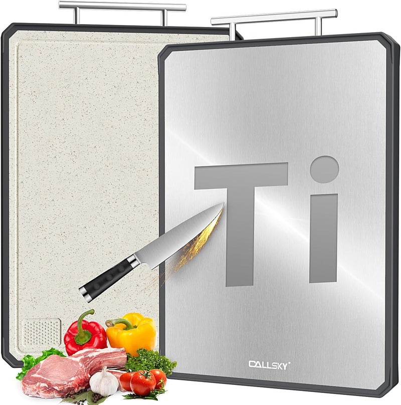 Callsky Titanium Cutting Board for Kitchen, Double Sided Non Toxic Titanium Cutting Board with JUICE GROOVE, Food-Grade Metal Chopping Board, Pure Titanium&Wheat Straw PP, Dishwasher Safe16.3”×11”-1 PC - Image 1