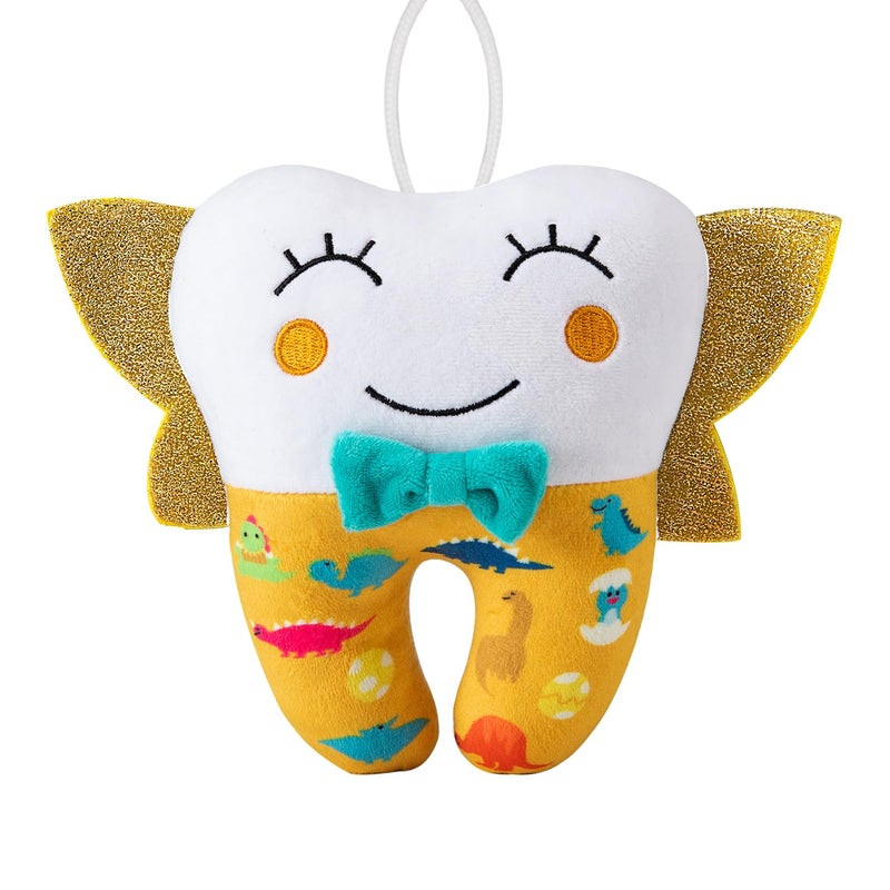 free-space Tooth Fairy Pillow for Boy Embroidery with Pocket Shiny Wings Crystal Velvet Tooth Fairy Keepsake Boys Girls Gifts (Yellow) - Image 1