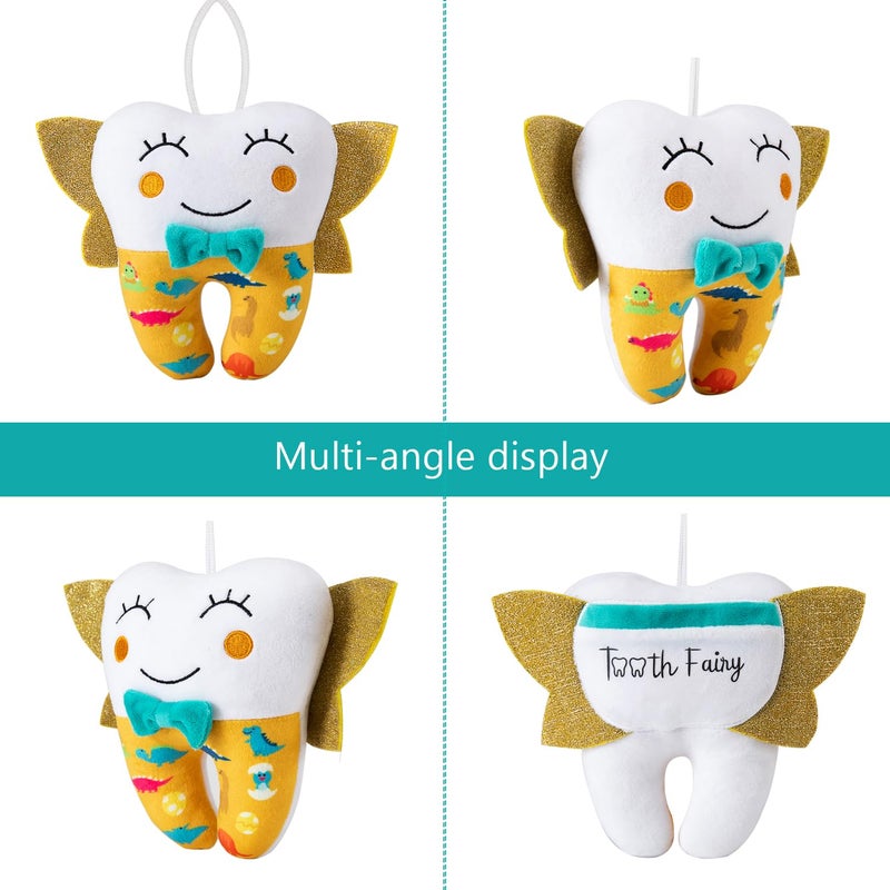 free-space Tooth Fairy Pillow for Boy Embroidery with Pocket Shiny Wings Crystal Velvet Tooth Fairy Keepsake Boys Girls Gifts (Yellow) - Image 3