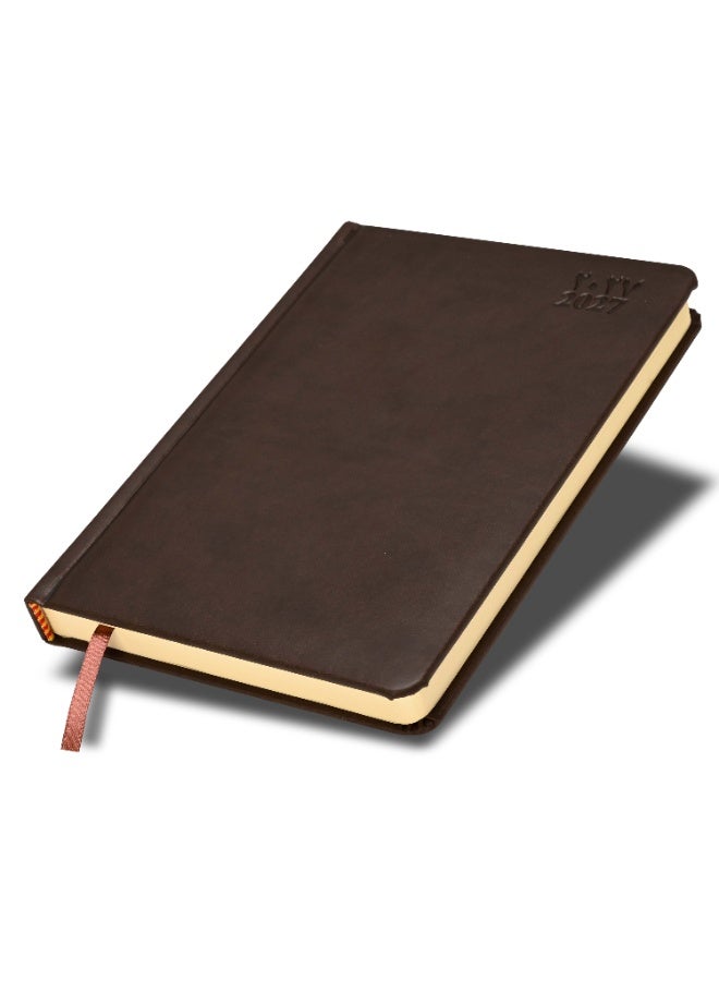 FIS 2027 A5 Diary, 148x210mm, 1 Side Padded Italian PU Cover Materials, Round Corners, Saturday & Sunday Combined, Arabic/English, 70gsm Italian Ivory Paper, Dark Brown Cover-FSDI94AE27DBR - Image 1