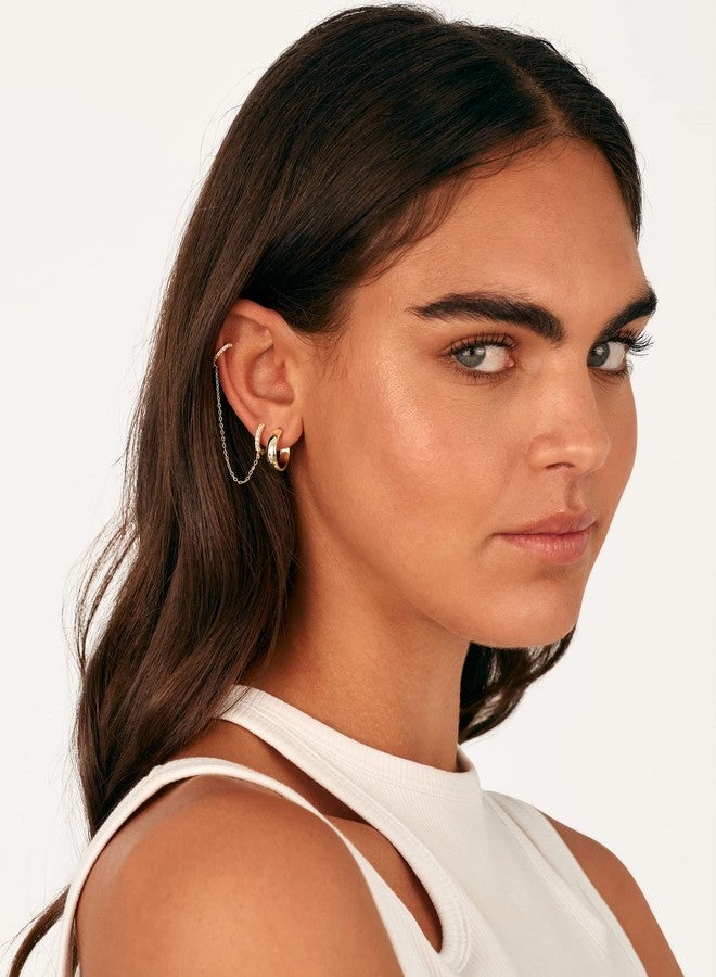 بافوا أقراط سلسلة ذهبية عيار 14 قيراطًا من بافوي للنساء | أقراط حلقية مزدوجة الثقب | أقراط مرصعة باللؤلؤ والزركونيا المكعبة للنساء - Image 2