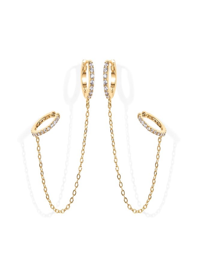 بافوا أقراط سلسلة ذهبية عيار 14 قيراطًا من بافوي للنساء | أقراط حلقية مزدوجة الثقب | أقراط مرصعة باللؤلؤ والزركونيا المكعبة للنساء - Image 1