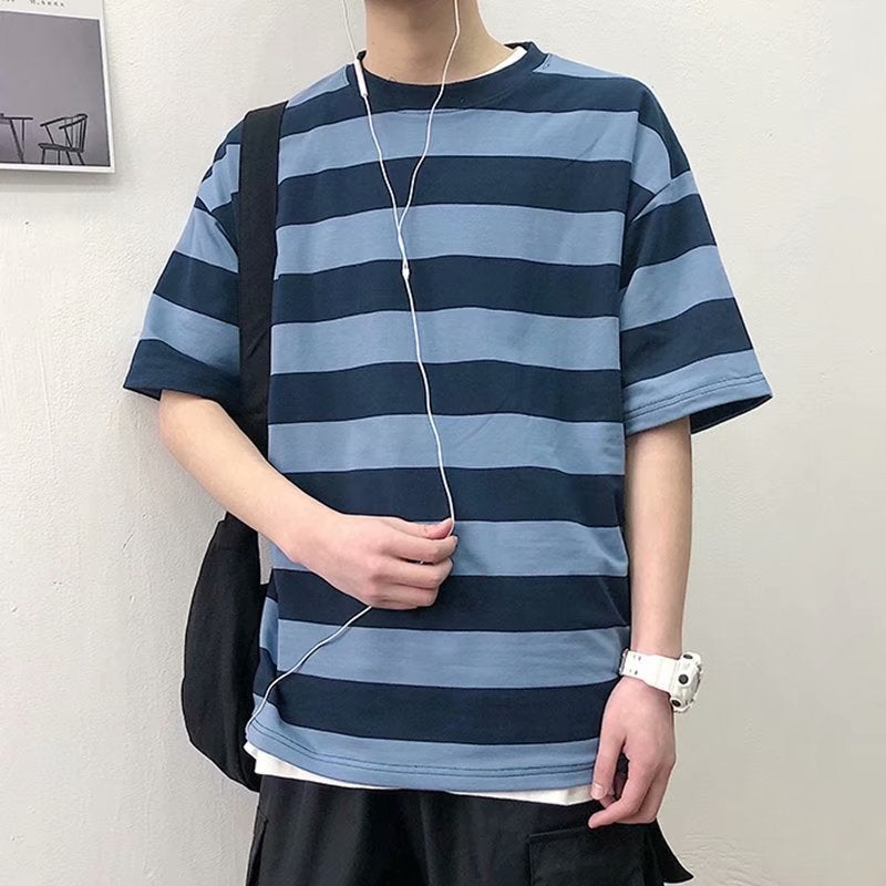 Summer Ins-Style Striped Short-Sleeve T-Shirt For Men, Korean Version, Loose Hong Kong Style Bf Five-Quarter Sleeve Half-Sleeve Top, Men'S Casual Trendy Brand - Image 2
