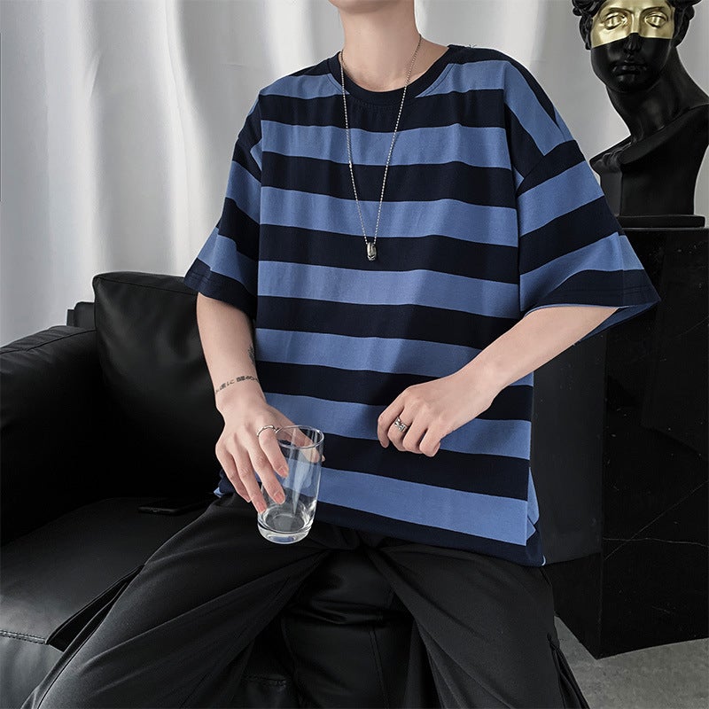 Summer Ins-Style Striped Short-Sleeve T-Shirt For Men, Korean Version, Loose Hong Kong Style Bf Five-Quarter Sleeve Half-Sleeve Top, Men'S Casual Trendy Brand - Image 5