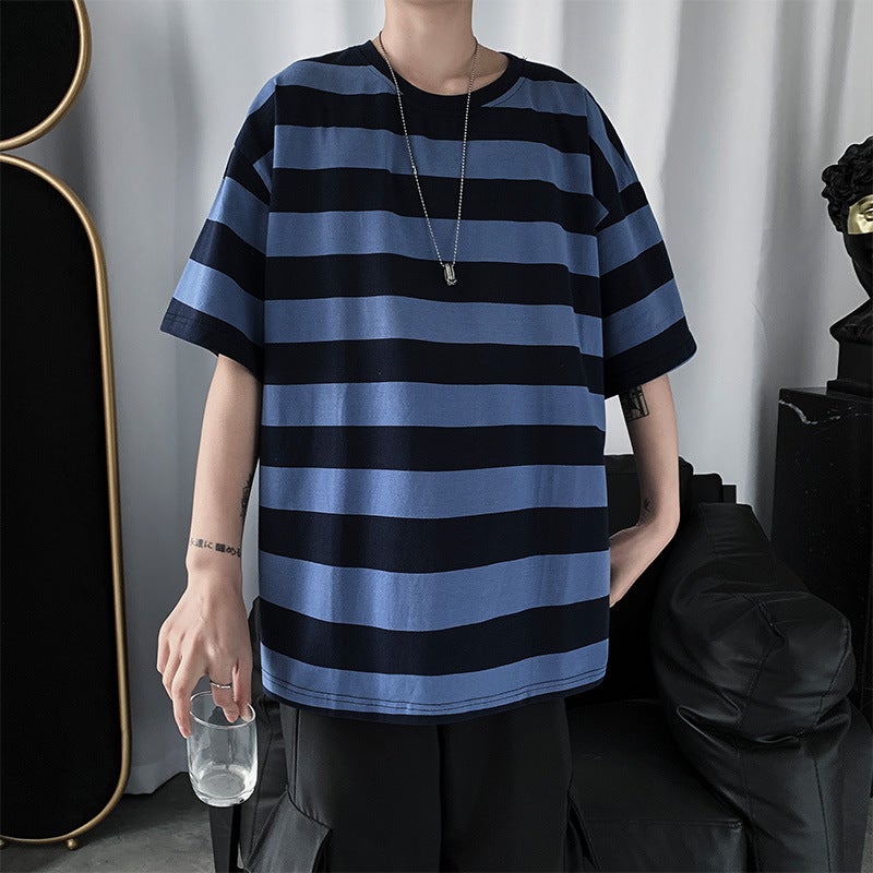 Summer Ins-Style Striped Short-Sleeve T-Shirt For Men, Korean Version, Loose Hong Kong Style Bf Five-Quarter Sleeve Half-Sleeve Top, Men'S Casual Trendy Brand - Image 1
