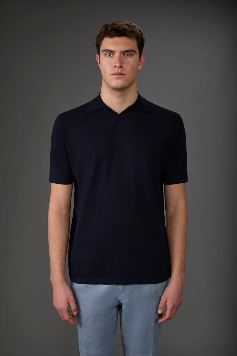 Doppelganger Blue Men's 100% cotton crepe short-sleeved knitted polo shirt with derby collar - Blue Navy for Men | Best Price UAE