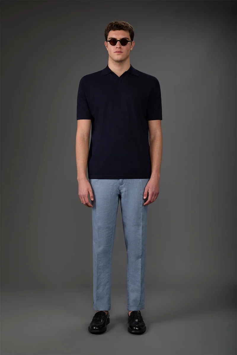 Men's 100% cotton crepe short-sleeved knitted polo shirt with derby collar - Blue Navy