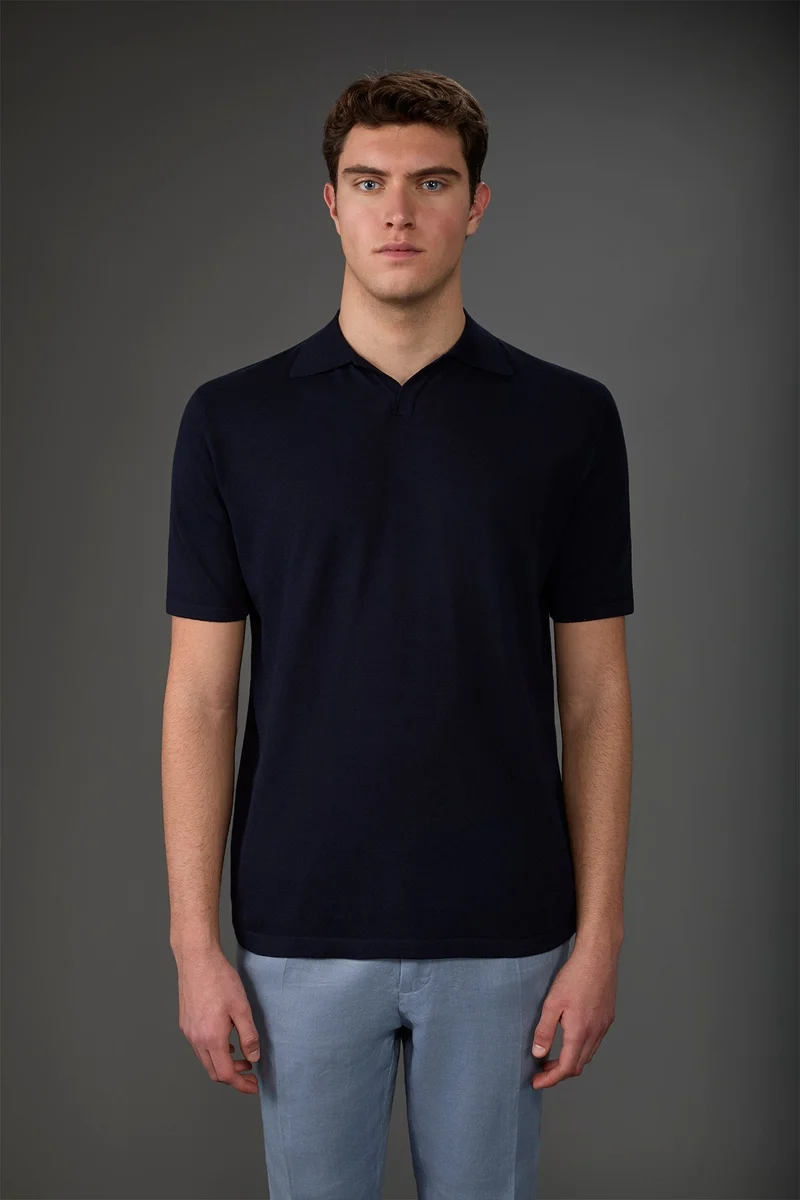 Men's 100% cotton crepe short-sleeved knitted polo shirt with derby collar - Blue Navy