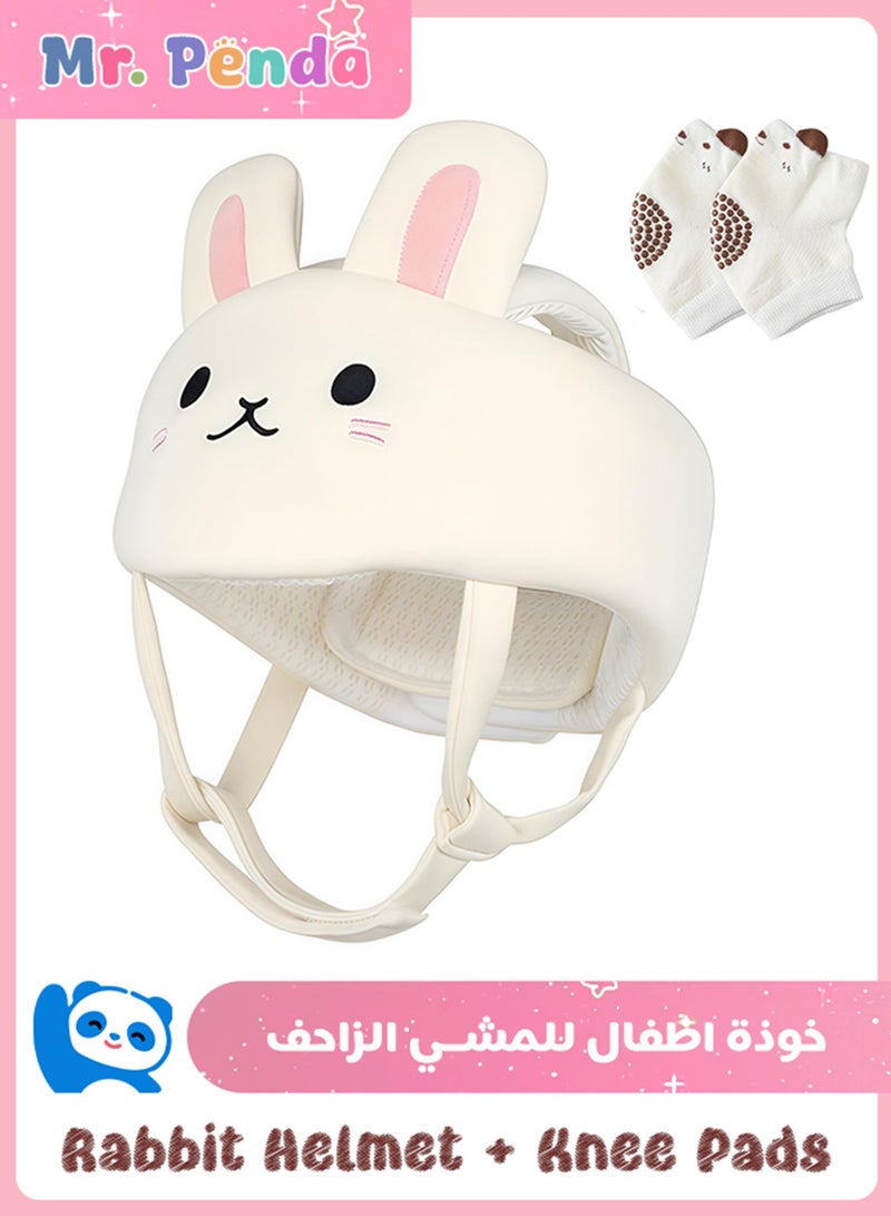 Mr. Penda Baby Helmet for Crawling Walking With Knee Pads, Soft and Lightweight Baby Head Protector with Adjustable Straps, 360° Protection for Toddlers, Cute Bunny Ears Design, Perfect Baby Fall Back Head Protector (White Rabbit) - Image 1