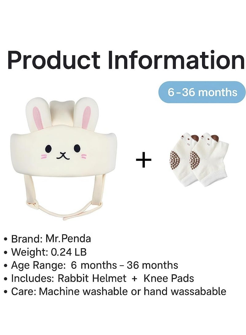 Mr. Penda Baby Helmet for Crawling Walking With Knee Pads, Soft and Lightweight Baby Head Protector with Adjustable Straps, 360° Protection for Toddlers, Cute Bunny Ears Design, Perfect Baby Fall Back Head Protector (White Rabbit) - Image 2