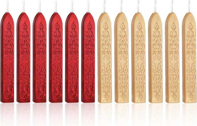Yoption 12 Pcs Sealing Wax Sticks with Wicks for Wax Seal Stamp, Wedding Invitations, Gift Wrapping, Christmas (Metallic Red and Light Gold) - Image 1
