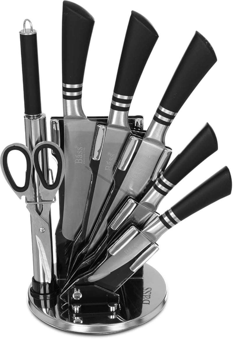 Bass Knife Block Set, 7 Pieces with Stand, Black with Silver Lines Handle, Stainless Steel, Black-silver