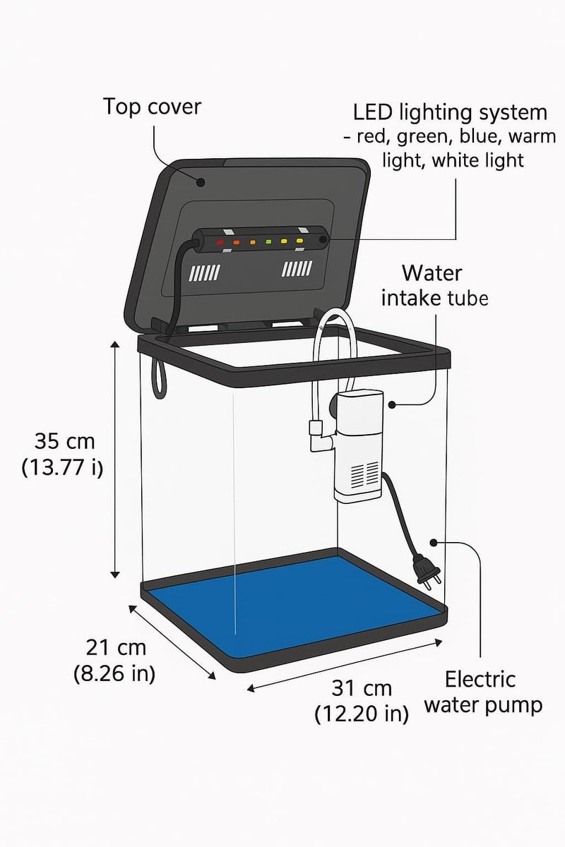 rizopets Fish Tank Starter with Filter, LED Light & | Mini Aquarium Set for Home & | Acrylic Not Suitable for Goldfish Ideal for Betta/Guppy (1–2) Liter 7 Size- H 28 -W 19-L 26 Woter Change 3-5 Day - Image 5