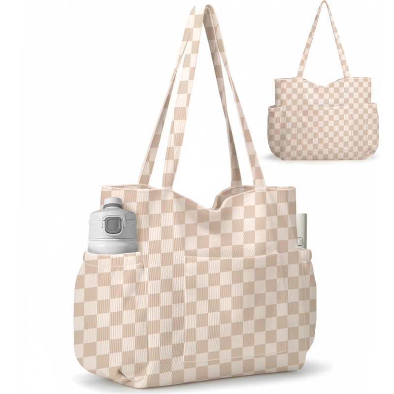 Hatisan Corduroy Tote Bag for Women, Large Capacity Cute Tote Bags With 6 Pockets, Laptop Tote Bag Crossbody Shoulder Handbag Teacher Nurse Bags for Work Travel Gym(Khaki Grid-A) - Image 1